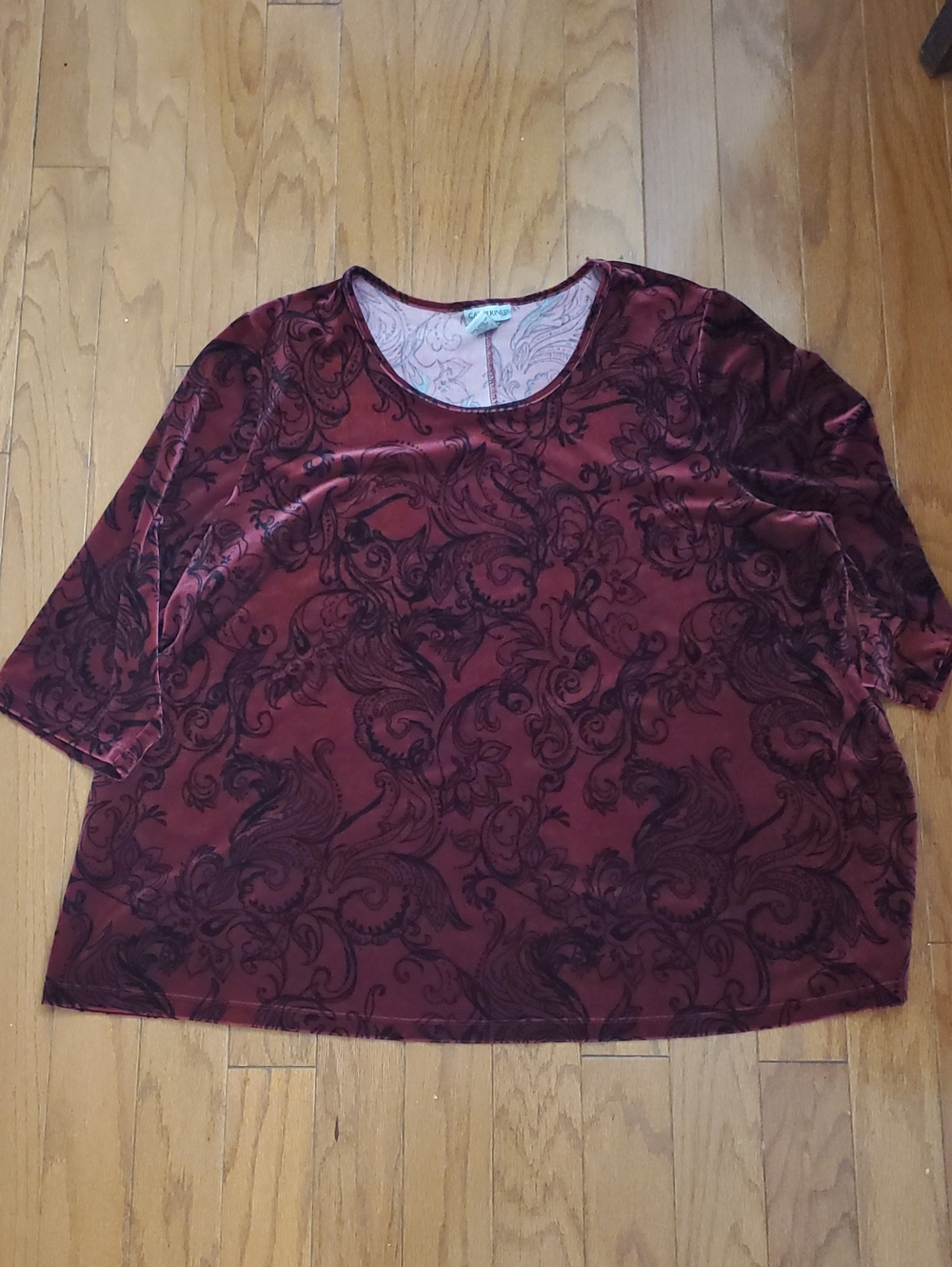 Catherines Velvet Top Women 2X Maroon Floral Print Long Sleeve Scoop Neck